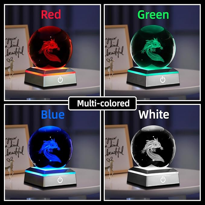3D Axolotl Crystal Ball Night Light 3.15 inch Glass Ball Table Lamp with Color Changing Touch Base Axolotl Decor Ideal Gifts for Friends Kids Christmas Birthday