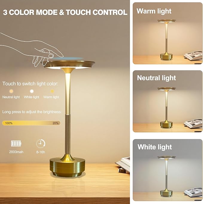 Ecolume Cordless Table Lamp,LED Portable Battery Operated Lamp, Dimmable Stepless 3-Color LED with Memory Function. Portable for Home Office/Dinner/Restaurant/Living Room.(Gold)