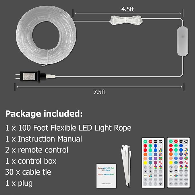 100ft IP68 Waterproof Rope Lights for Outside, RGB+WW Dimmable Outdoor Fairy String Lights with 2 Rmote, 25 Colors & 6 Dynamic Modes, Plug-in Twinkle LED Light Strip for Christmas Indoor Outdoor Decor