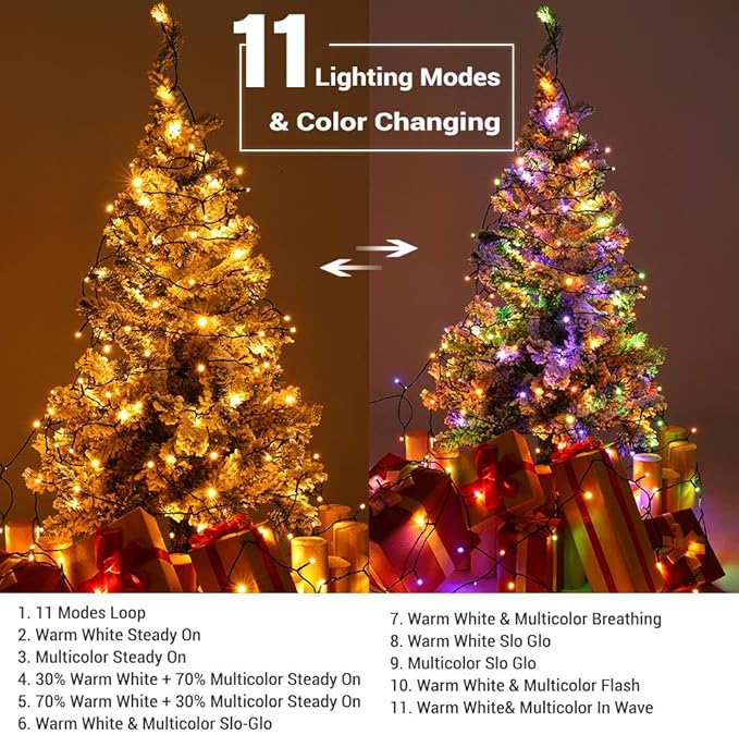 Brizled Christmas Lights Outdoor, 500 LED Color Changing Christmas String Lights with Remote, 180.4ft 11 Modes Tree Light Warm White & Multicolor Green Wire Xmas Light for Xmas Party Home