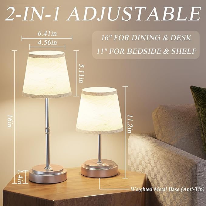 Cordless Table Lamp Rechargeable - Portable LED Desk Lamp for Dining Room,Bedroom,Patio - 2-in-1 Adjustable Height (16"/11") Touch Light - Stepless Dimmable(Warm White) (Silver, 2 Pack)