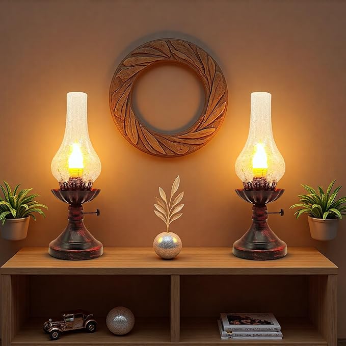 Vintage Table Lamp - 3 Modes Dimmable Retro Rustic Desk Lamp with Crackle Glass Shade, Antique Victorian Style, E26 Bulb Included, Ideal for Bedroom, Living Room, Home Decor (Transparent Glass)