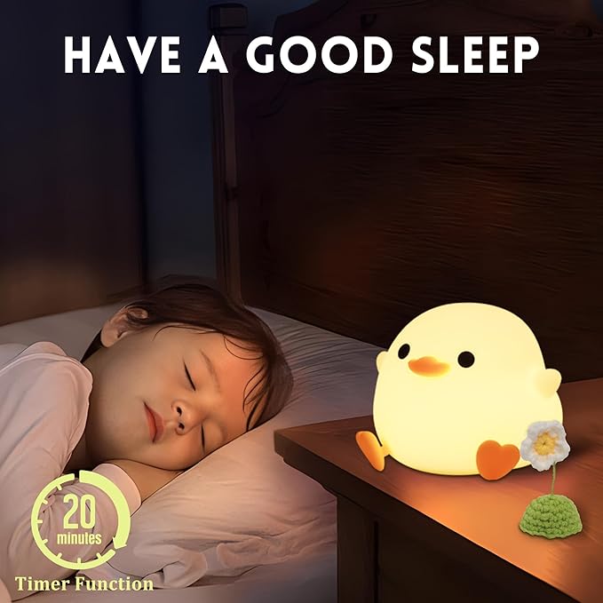 Dodo Duck Night Light, Cute Flower Duck Nursery Lamp, Portable USB Rechargeable Timer Dimmable, Silicone LED Bedside Nightlight, Best Home Bedroom Decor Gift to Kids
