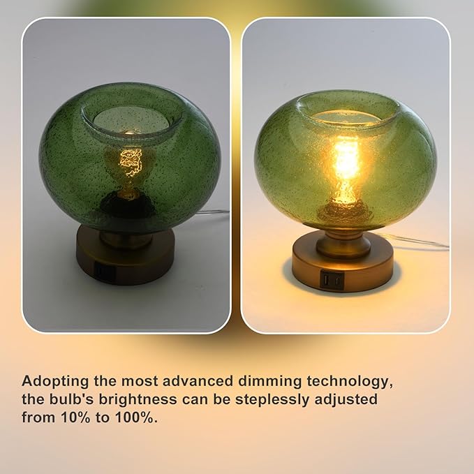 Mid Century Glass Table Lamp,Dimmable Desk Lamp,LED Bulb Included,Touch Control & USB A+C Port,Green Seeded Glass