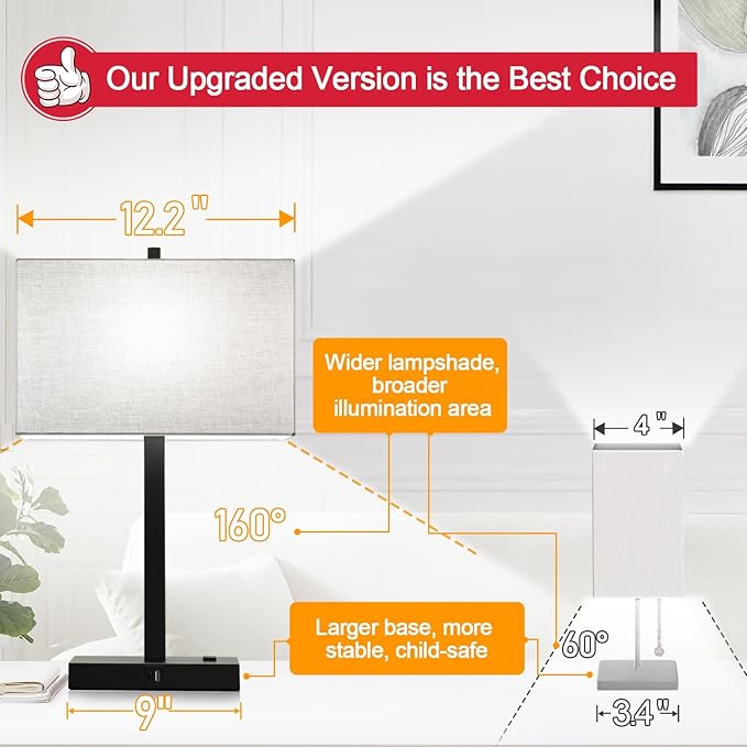 21" Touch Bedside lamps with 2 USB & AC Outlets, 3-Way Dimmable Bedside Table Lamps Set of 2 for Bedroom Living Room Office Reading, Gray Shade Lamps for Night Stands, 5000K LED Bulbs Included