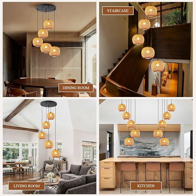 5-Light Rattan Chandelier Lighting for Staircase Boho Bamboo Long Chandeliers for High Ceilings, Wicker Adjustable Pendant Light Fixture for Foyer Living Room Entryway, E26 Base
