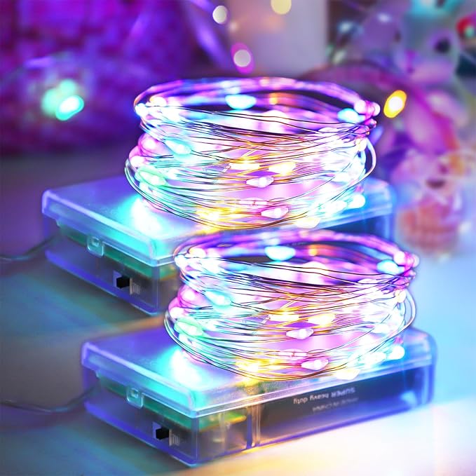 YAOZHOU Easter Decorations Pastel Fairy String Lights Indoor, Battery Operated Powered with Timer, 2 Pack Total 33FT 100 Led Mini Mason Jar Waterproof Firefly Lights for Garland DIY Party