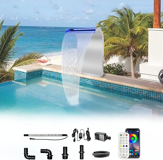 LONGRUN Waterfall Spillway Stainless Steel S-Shaped Pool Fountain, RF & APP Controled Colorful LED Light Pond Waterfalls for Indoor Outdoor Garden Rockery Koi Pond Swimming Pools-20 Height