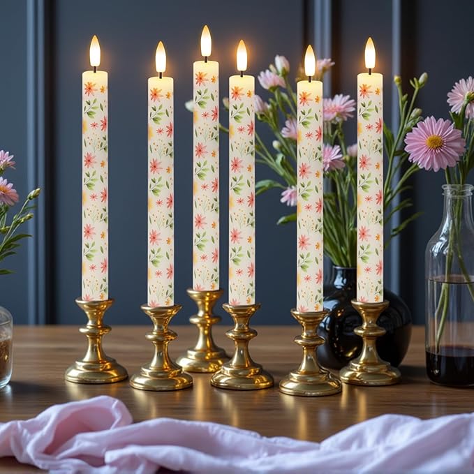 Floral Flameless Taper Candles with Remote Timer, LED Taper Candles Battery Operated Warm 3D Wick Flickering, Real Wax CandleSticks, Wedding Birthday Christmas Decor