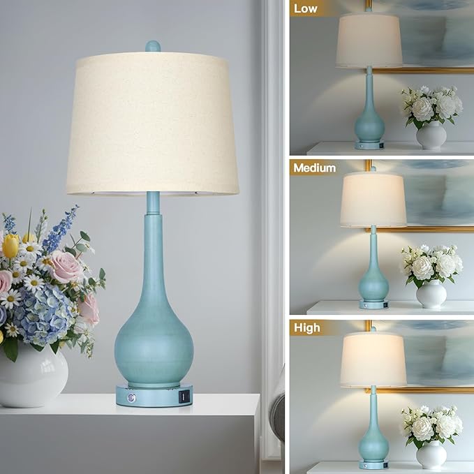 26" Coastal Table Lamps Set of 2, 3-Way Dimmable Touch Control Nightstand Lamps for Bedroom with USB A+C Ports, Modern Farmhouse Bedside Lamp for Living Room, Retro Blue (2 LED Bulbs Included)