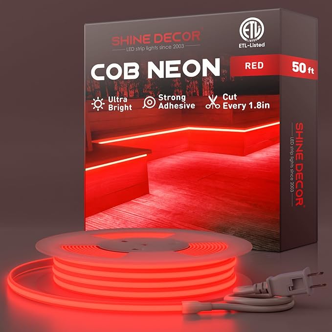 Shine Decor COB LED Rope Light AC 120V, 800lm Ultra Bright, IP65 Waterproof Cold-Resistant ETL Neon Strip, No Driver Tape Lighting for Home Commercial 10x4.5mm, Red, 50ft