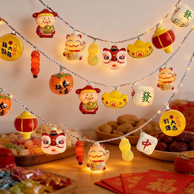 Chinese New Year LED Lights 10FT 20LED Spring Festival String Lights 2026 Chinese Lunar Decorations with 10 Lucky 3D Patterns Battery Operated 2 Lighting Modes for Chinese New Year Housewarming Decor