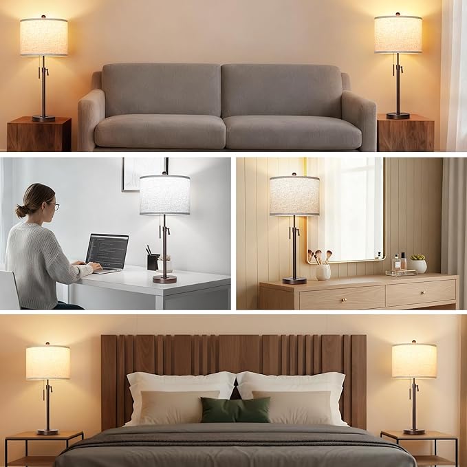 Table Lamps for Bedrooms Set of 2: 22" to 30" Height Adjustable Nightstand Lamps with White Linen Shade | Pull Chain Switch | Marble Base - 3 Way Dimmable Beside Lamp (Brown)
