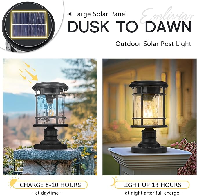 Emliviar Portable Solar Post Light Fixture with Fixed Pire Mount Base, Black 11“ Outside Solar Table Lamp with Remote Control, LED Post Lantern Head with Water Ripple Glass, XE229P-S-ML SL BK