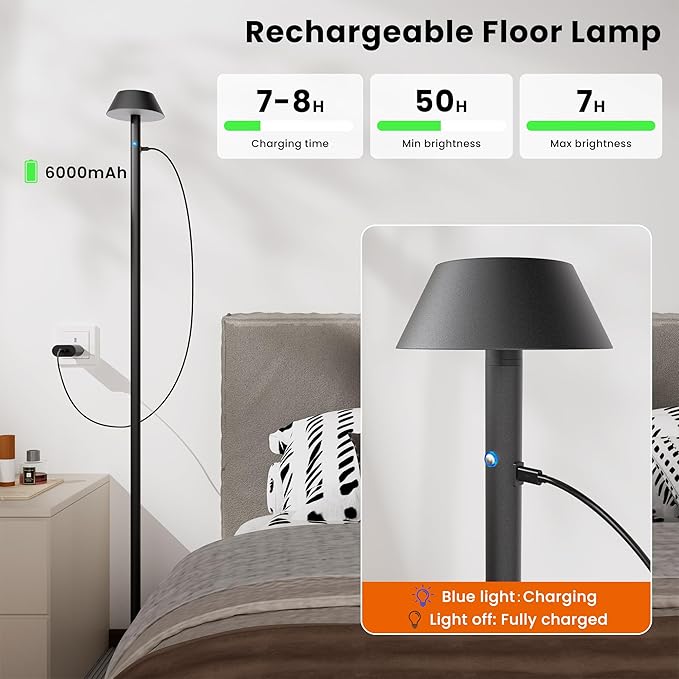 Cordless Floor Lamp Dimmable Rechargeable - Indoor/Outdoor Cordless Tall Standing Lamp with 3 Color Temps & Stepless Dimmable, Waterproof Outdoor Floor Lamp for Living Room, Bedroom, Patio