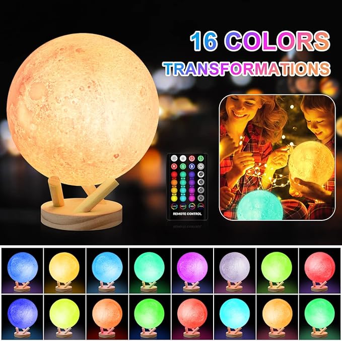 Moon Lamp, 6 Inch Sliding Control Moon Light, Kids Night Light, 16 Colors Moon Night Light with Unique Stand,Timing, Room Decor, Mothers Day Gifts, Christmas Birthday Gifts for Kid Women Friends Lover