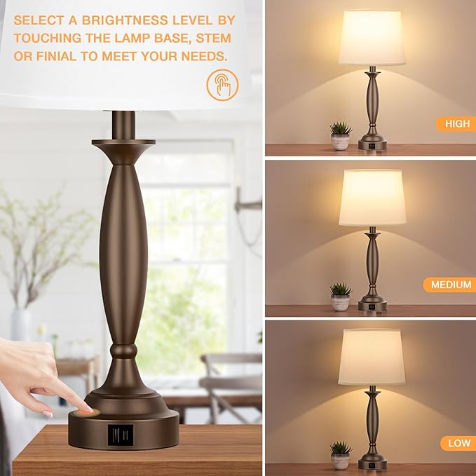 White Brown Lamps for Bedrooms Set of 2 - Touch Control Bedside Lamp with USB C+A, 3 Way Dimmable Nightstand Lamps with USB Port, Table Lamp for Living Room(White Shade and Brown Base)