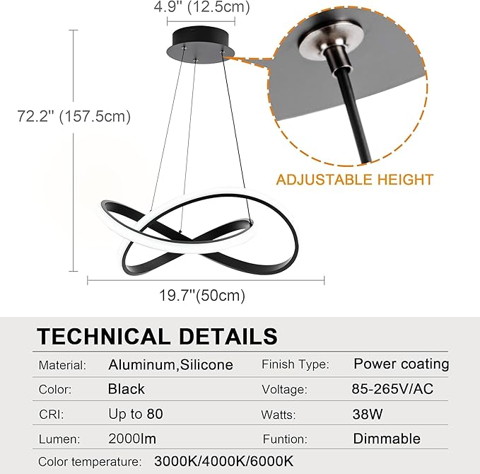 MAYNA Modern Chandelier with Remote Control, 3-Color Dimmable LED Pendant Light Fixtures, Height Adjustable Ring Chandelier for Dining Room,Bedroom,Living Room, Black 19.7 inch