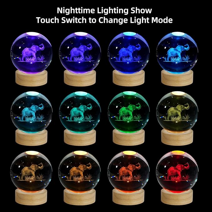 3D Crystal Ball Night Light, 3.15 Inch Glass Ball Lamp with 16 Color LED Wooden Base, Elephant Lamp Decor for Birthday, Holiday, Christmas Gifts
