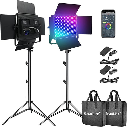 2Pcs 50W Professional Photography Lighting Kit with Stand, Support APP Control, 1500 Lux/1m, 360°Full Color, 2500K-8500K Dimmable, 49 Scene Modes, CRI 96+ TLCI>97 CQS 96+ for Studio/Streaming
