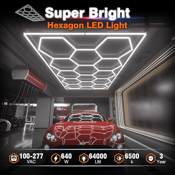 Hexagon Garage Lights : 3 Level Dimmable 14 Grids Hexagon LED Lights with Rectangle Frame - 6500K Super Bright Hex Light for Garage, Warehouse, Car Detailing Shop, Exhibition Hall, Gym