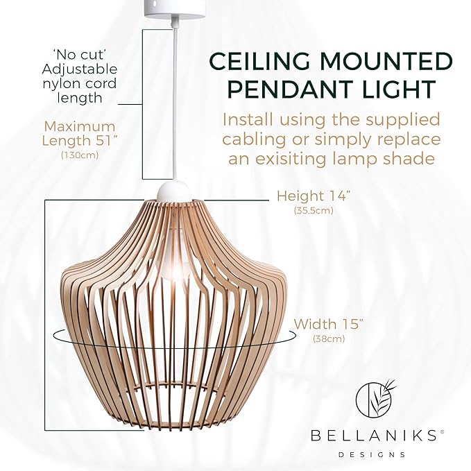 Wood Pendant Light - Easy-to-Assemble Ceiling Chandelier - Modern Boho Hanging Lamp Lighting Fixture for Dining, Kitchen, Bedroom, Living Room - Adjustable Nylon Cord, Uses Standard Bulb