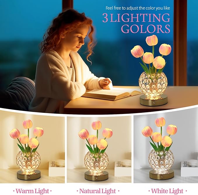 Tulip Flower Lamps, 3 Colors Touch Stepless Dimming Crystal Night Light, Rechargeable Artificial Flower Light, LED Flower with Vase Lamp Romantic Decor for Date Party Home (Tulip1 - Pink)