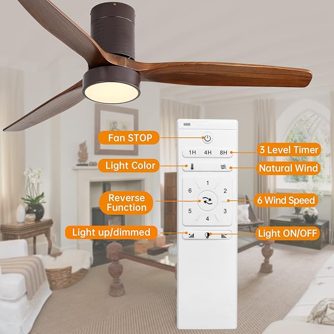 52 Inch Flush Mount Wood Ceiling Fans with Lights Remote Control, Dimmable LED Noiseless Reversible DC Motor,Solid Wood 3 Blade Brown Body