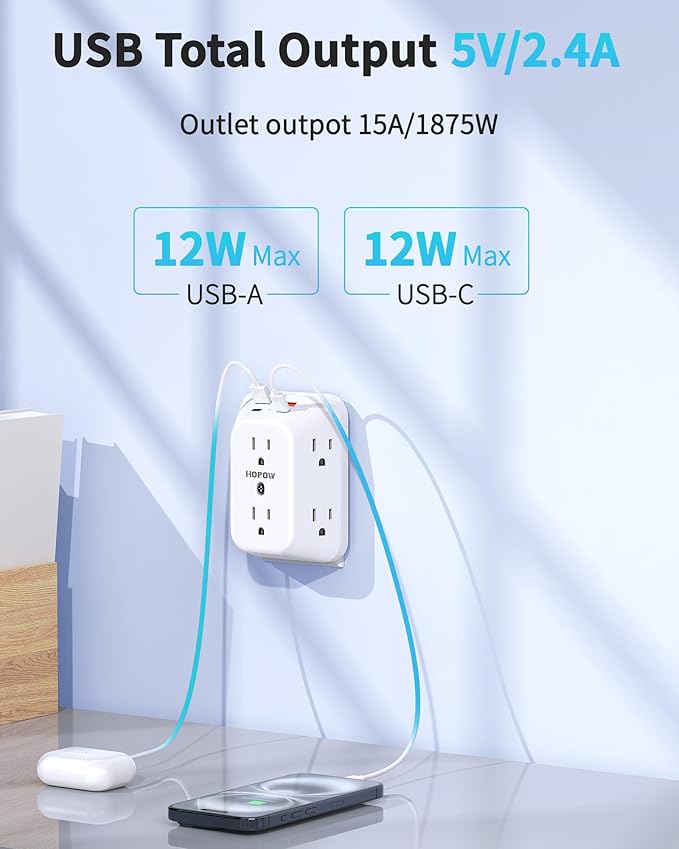 Outlet Extender Surge Protector, 6 Outlet Splitter with 4 USB Ports (2 USB C), USB Wall Charger, 3-Sided 1050J Multi Plug Wall Outlet, Wall Mount for Home Travel Office Travel, White