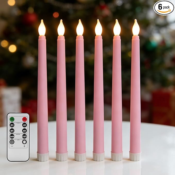 Pink Flameless Taper Candles with Remote, Flickering Battery LED Candlesticks Spring Home Decor Set of 6