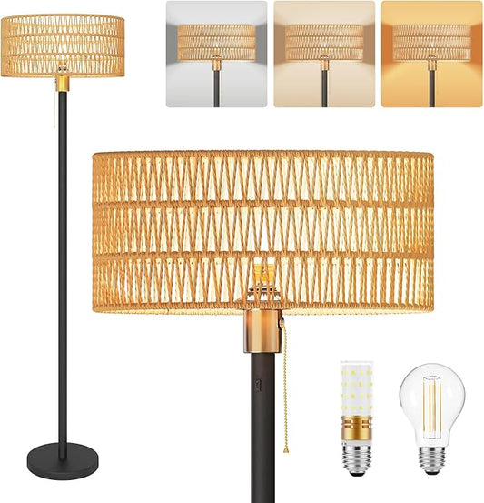 Cordless Rattan Floor Lamp with 3 Color Temperature, Dimmable Rechargeable Farmhouse Floor Lamp with Pull Cord Switch, Boho Tall Standing for Living Room, Includes 2 Bulbs