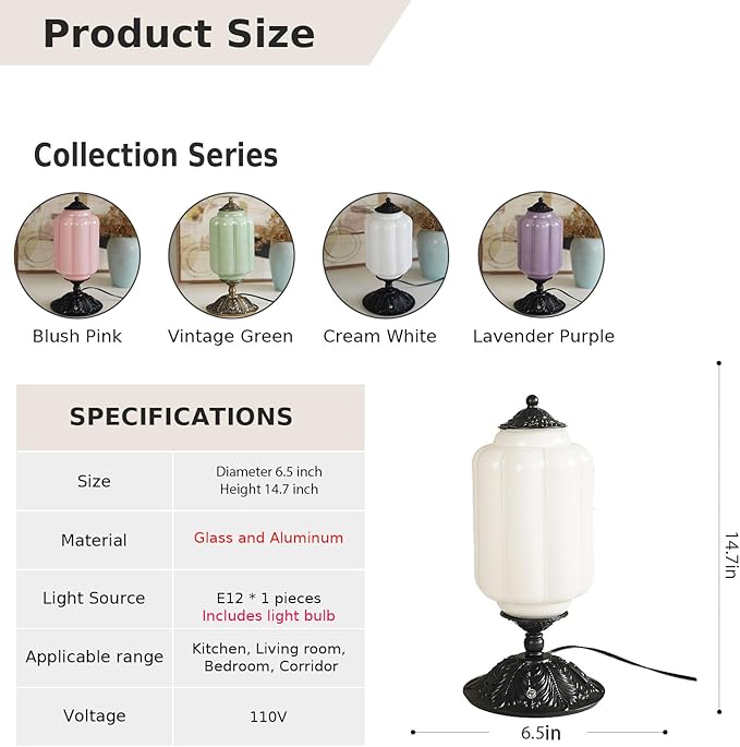 Vintage Milk Glass Touch Table Lamp, Elegant white Glass Bedside Desk Lamp 3 Way Dimmable with USB C+A Charging Ports - Bedroom Nightstand & Living Room Essential, 4W Bulb Included (white, 6.5)