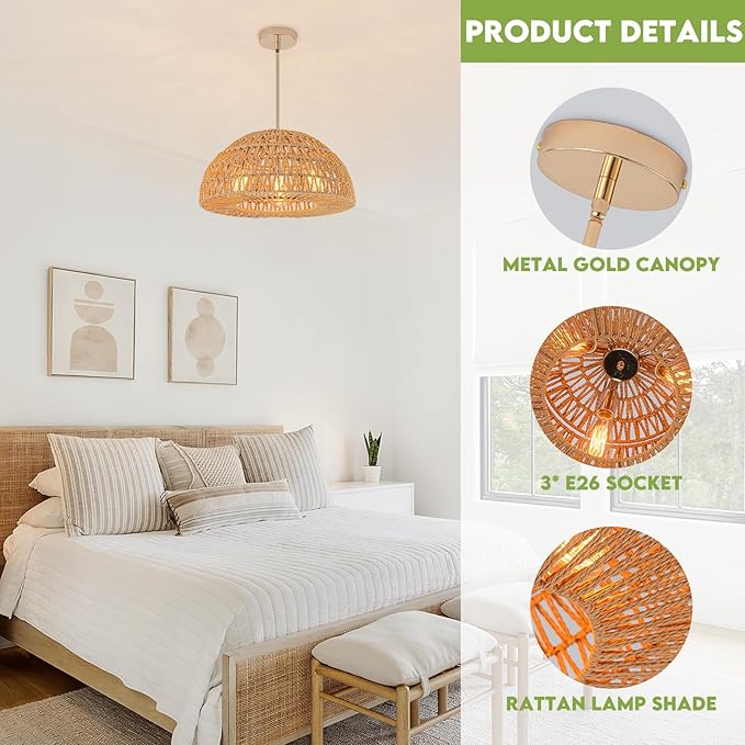 Rattan Boho Chandelier Dinning Light Fixture,17.7'' Rattan Pendant Light,Boho Hand Woven Chandelier Hanging Light Wicker Chandeliers for Kitchen Island Light Living Room Bedroom Farmhouse Nursery