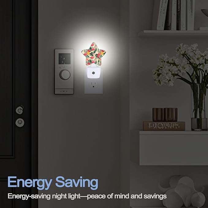 Pink Flamingo Night Lights Plug Into Wall,Tropical Palm Leaf Star Night Light for Kids,Nightlight with Dusk to Dawn Smart Sensor for Bedroom Bathroom Decor,Children Women Men Gift