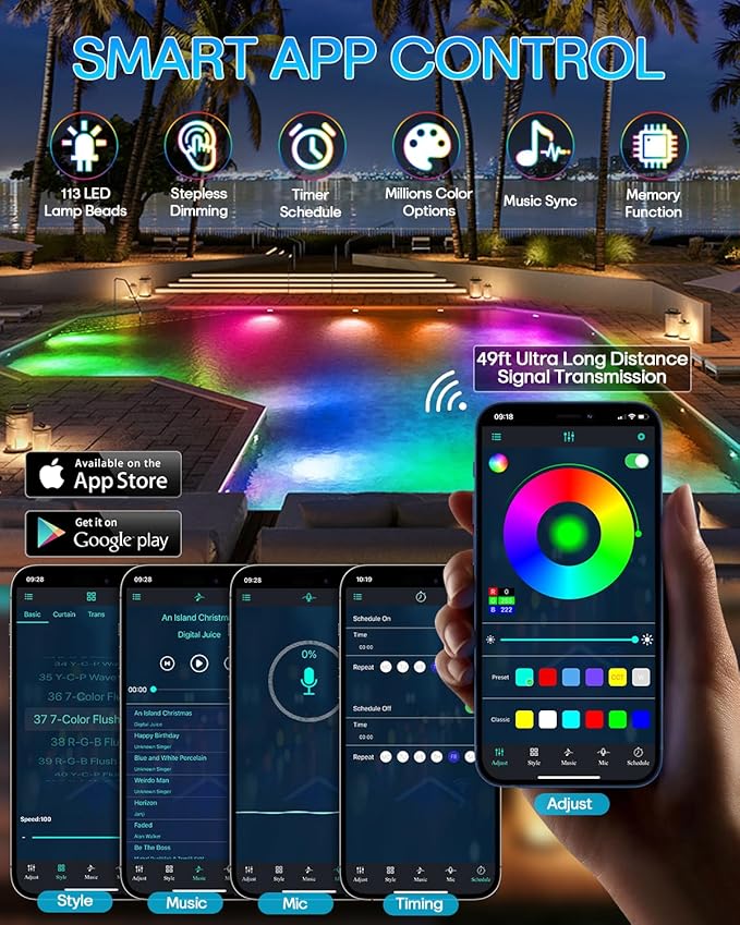 PRIORARE 22W Submersible Pool Lights, 5V Underwater Pool Light for Above Ground Inground Swimming Pools with APP Control Magnetic Led Pool Lights RGB Dimmable Timer IP68 Waterproof Music Sync