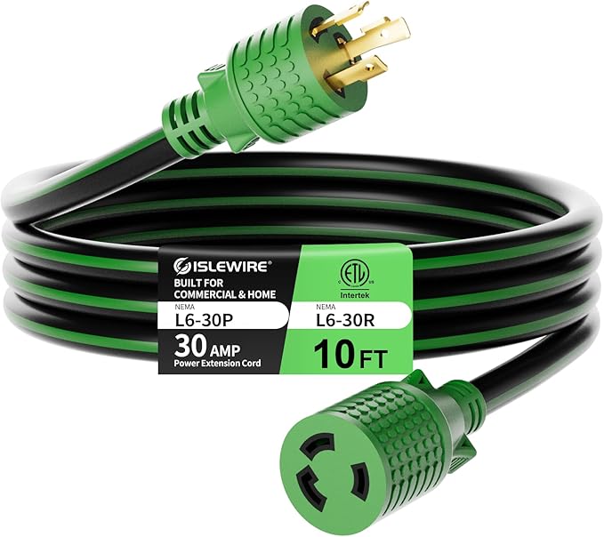 NEMA L6-30 Extension Cord 10FT, 30 Amp 250V 7500W, L6-30P to L6-30R Twist Lock Generator Cord, 10 Gauge SJTW, Heavy Duty Locking Power Cord for Welding, Brewing, and Industrial Use, ETL Listed