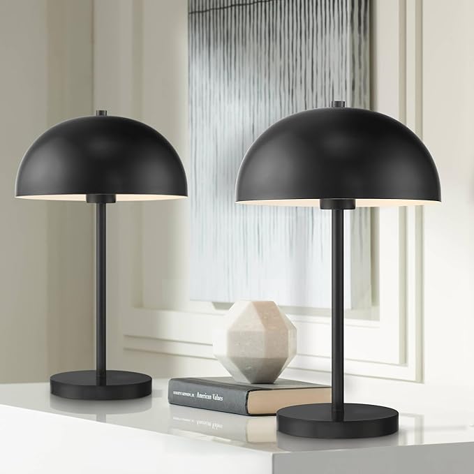360 Lighting Rhys Mid Century Modern Cottage Mushroom Accent Table Lamps 19 1/2" High Set of 2 Black Metal Dome Shade Decor for Living Room Bedroom House Bedside Nightstand Home Office Family