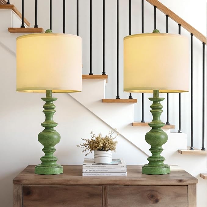 BOBOMOMO 24" Farmhouse Table Lamps Set of 2 – Sage Green Bedside Lamps with Linen Shades, Medium Traditional Lamps for Living Room, Bedroom, and Entryway, Vintage Lamp with Soft Natural Serenity