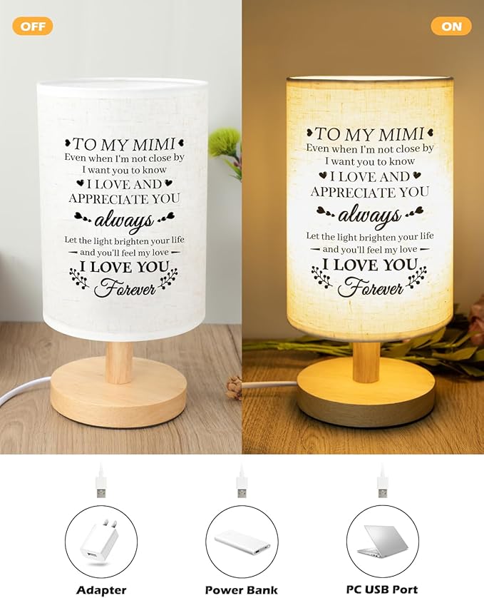 Gifts for Mimi from Grandkids, Mimi Birthday Gifts Fabric Lamp, Retirement Birthday Gifts for Mimi Table Lamp with Wooden Stand Unique Mimi Gifts