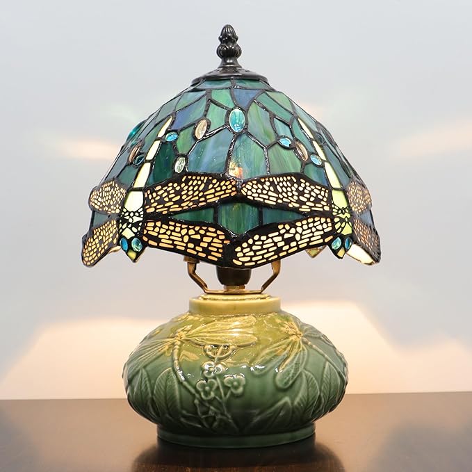Small Stained Glas Lamp Mushroom Table Lamp, Mini Stained Glass Desk Light Memory Sympathy Ceramic lamp 8X11 Inch (Sea Blue Dragonfly Style)