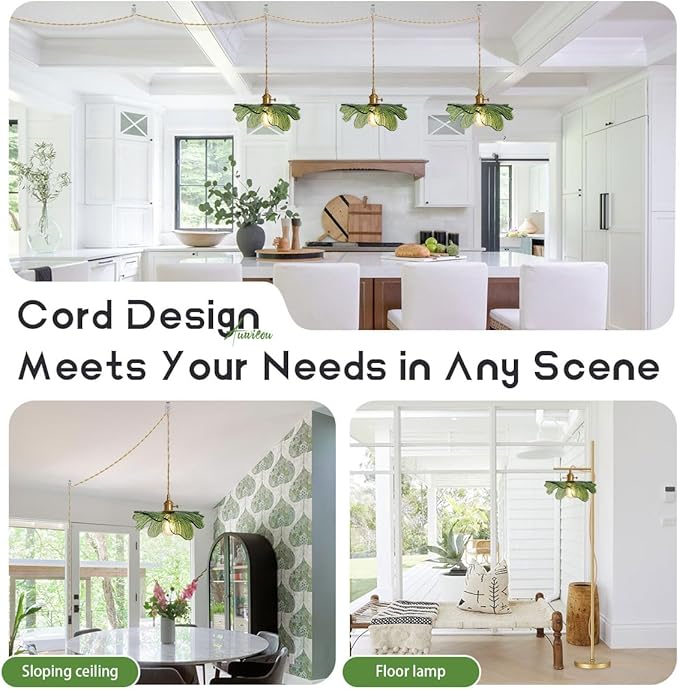 2 Pack Plug in Pendant Light 14.75ft Hanging Light with Plug in Cord Hand Blown Green Glass Pendant Lamp Brass Pendant Light Plug in Hanging Lamp for Kitchen Bedroom Living Dining Room
