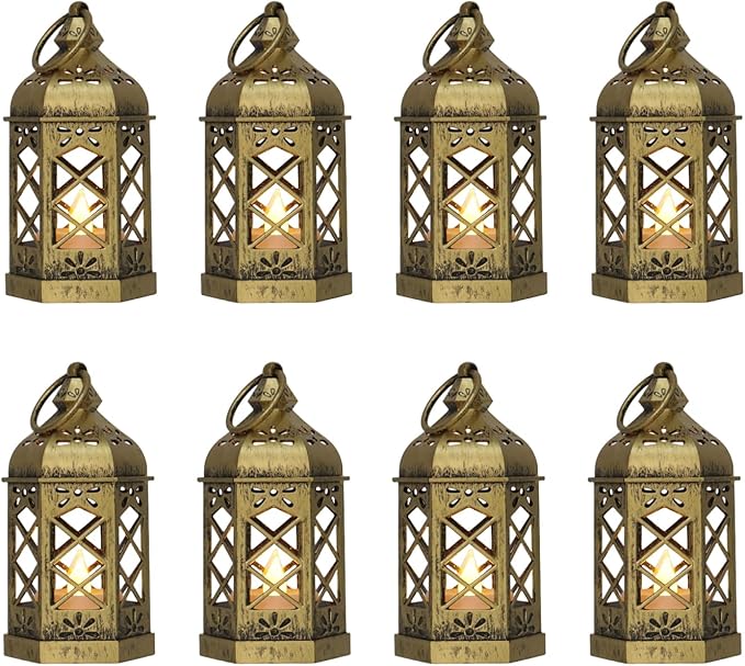 Mini Lantern with Flickering LED Candles for Halloween, LLQ (8Pack-5Inch) Vintage Decorative Candle Lanterns for Christmas Wedding Party Baby Shower Table Centerpiece, Xmas Tree Hanging Ornaments