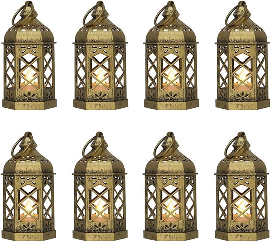 Mini Lantern with Flickering LED Candles for Halloween, LLQ (8Pack-5Inch) Vintage Decorative Candle Lanterns for Christmas Wedding Party Baby Shower Table Centerpiece, Xmas Tree Hanging Ornaments