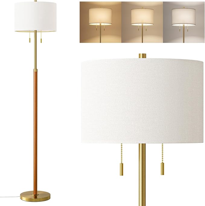 61" Wood Floor Lamp for Living Room 2-Light Standing Tall Lamps Mid Century Modern Floor Lamps for Bedroom Office Nursery Corner Industrial Reading Room Lamp, 3 Color Temperatures 9W Bulbs Included