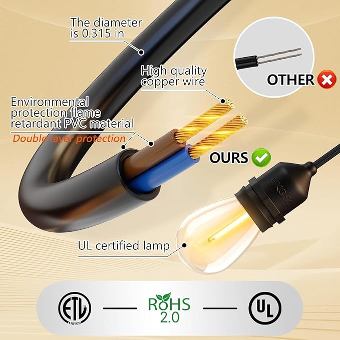 100FT LED Outdoor String Lights with 60+4 Waterproof Bulbs(1.5FT Bulbs Spacing), Remote & Dimmer, Commercial Grade Patio Lights with 3 Mode Light & Timing, 100PC Ties