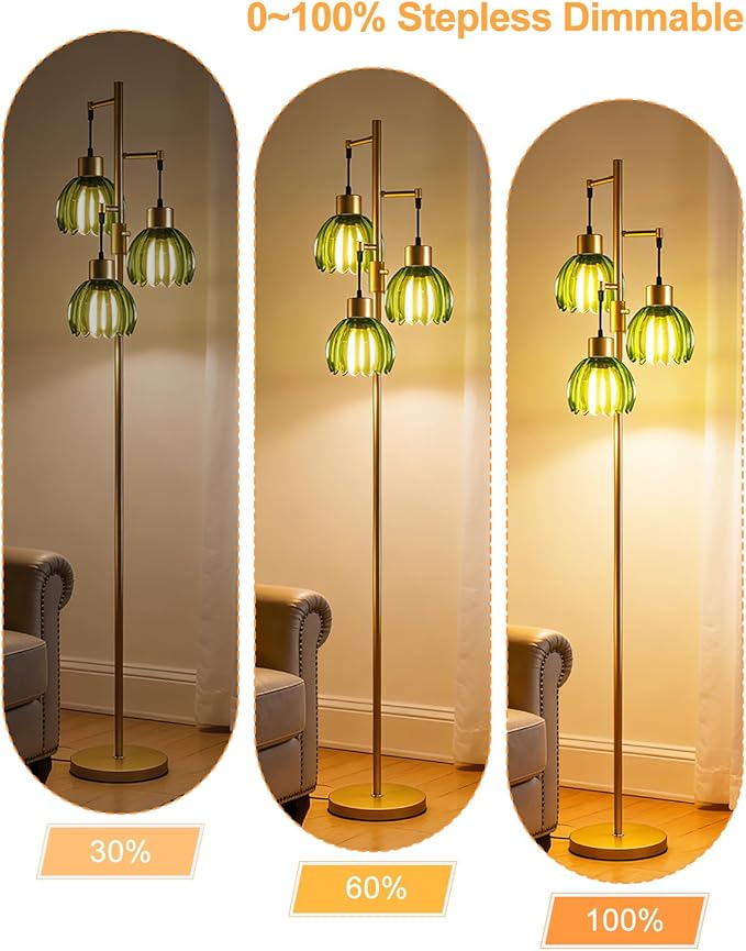 Lightdot 65'' Glass Floor Lamp Dimmable Gold Floor Lamps with Green Lotus Glass Shade& 3000K Bulbs Included 3-Lights Modern Tall Standing Lamp for Living Room/Bedroom/Sofa Beside/Corner Decor