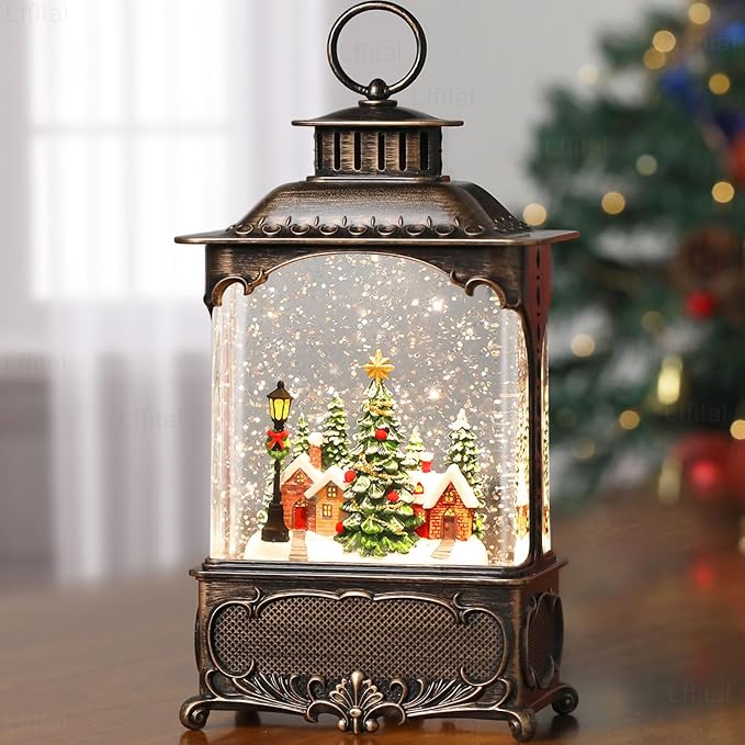 Christmas Snow Globes Lantern, Lighted Christmas Decorations Indoor for Home with Music Timer Glitter, Forest House Scene Musical Snowglobe Festival Gifts, USB & Battery Operated