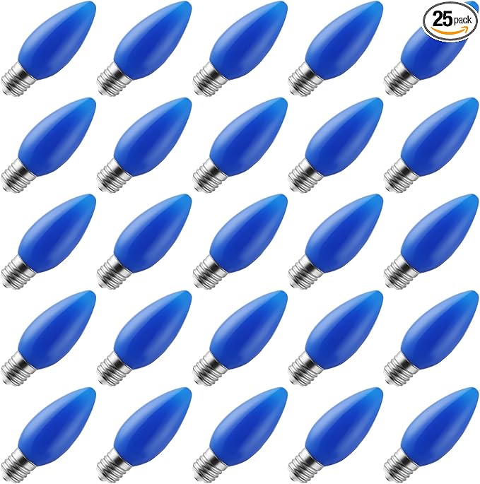 25-Pack Ceramic C9 Christmas Light Bulbs, Blue LED Light Bulbs Holiday Decoration, Christmas Decor for Indoor & Outdoor Use, E17/C9 Intermediate Base (Blue Smooth)