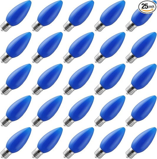 25-Pack Ceramic C9 Christmas Light Bulbs, Blue LED Light Bulbs Holiday Decoration, Christmas Decor for Indoor & Outdoor Use, E17/C9 Intermediate Base (Blue Smooth)