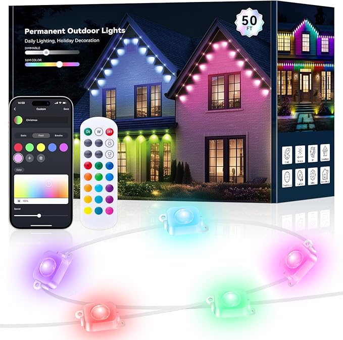 Permanent Outdoor Lights for House -Eaves Lights 50FT with 25 IC+RGBCW LED IP67 Waterproof, Smart Outside LED Christmas Light with App/Remote, Eternity Lighting for Holiday/Daily